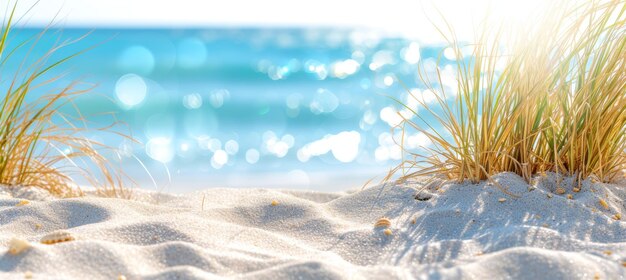 Foto ein faszinierender sommerstrand mit sanddünen, beigefarbenen pflanzen und ätherischem bokeh-sonnenlicht