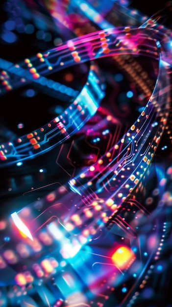 Ein faszinierender Wirbel von Tech-Schaltkreisen gepaart mit mehrfarbigen Bokeh-Lichtern, die dynamische Bewegungen umschließen