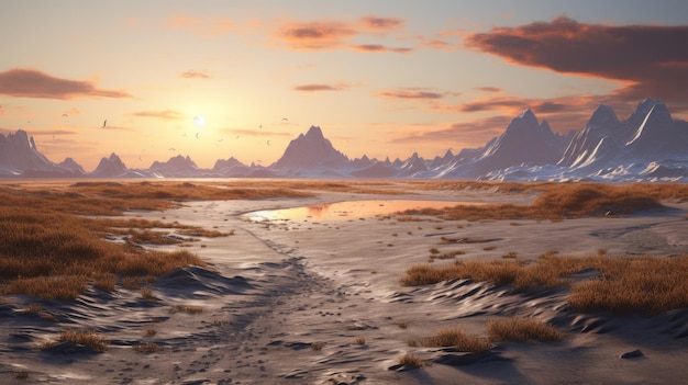 Ein faszinierendes 8K-3D-Bild fängt eine abstrakte Szene mit extrem detaillierten Bergen ein, die an fremde Welten erinnern. Diese realistische Darstellung zeigt lichtdurchflutete Meereslandschaften, die ein Gefühl von Staunen hervorrufen