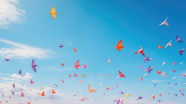 Ein faszinierendes Bild bunter Origami-Vögel, die am Himmel fliegen