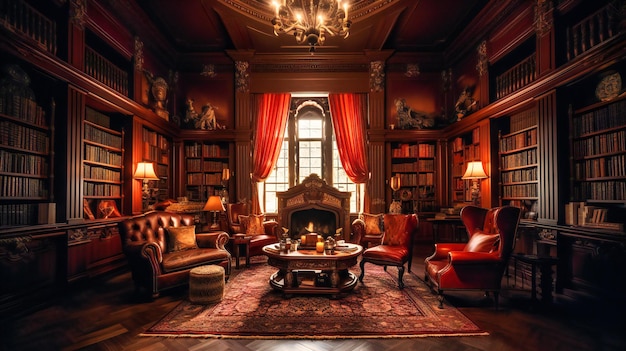 Ein faszinierendes Bild einer großzügigen Bibliothek in einem Herrenhaus auf dem Land, das ein Gefühl von raffinierter Eleganz und zeitlosem Luxus ausstrahlt