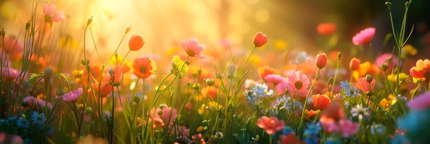 ein faszinierendes Bild einer versunkenen Wiese, die mit verschiedenen Blumen gefüllt ist, das weiche goldene Licht