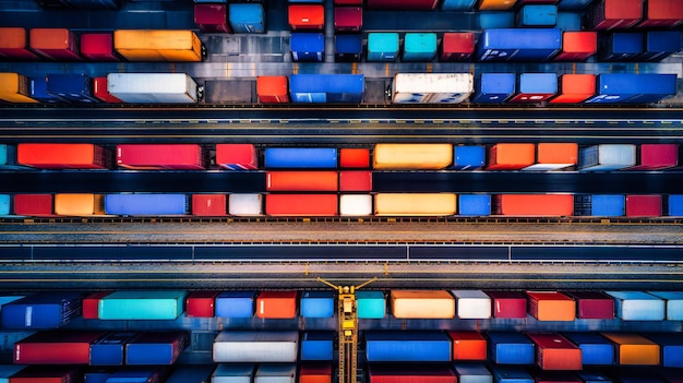 Ein faszinierendes Bild eines mit Containern beladenen Lastwagens, der durch eine geschäftige Schiffswerft manövriert und den komplizierten Tanz der Logistik enthüllt
