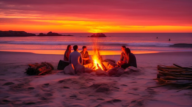 Ein faszinierendes Bild eines raffinierten Lagerfeuers am Strand vor der Leinwand eines atemberaubenden Sommersonnenuntergangs, das ein Gefühl von Wärme und Zusammengehörigkeit hervorruft