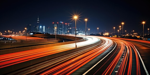 Ein faszinierendes Bild eines Straßenverkehrs in der Nacht mit Lichtspuren mit langer Belichtung