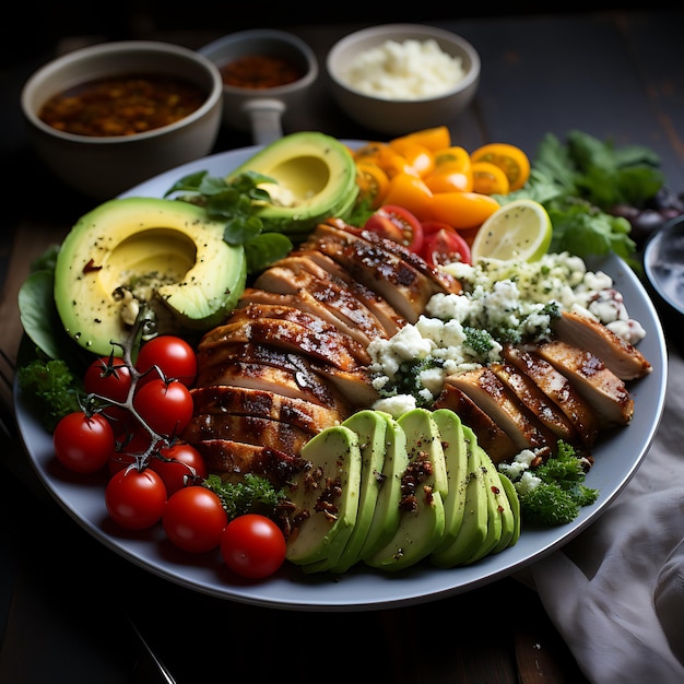 Ein faszinierendes Close-up-Foto von oben nach unten von einem hausgemachten cremigen Avocado und gegrilltem Hühnchen Cobb