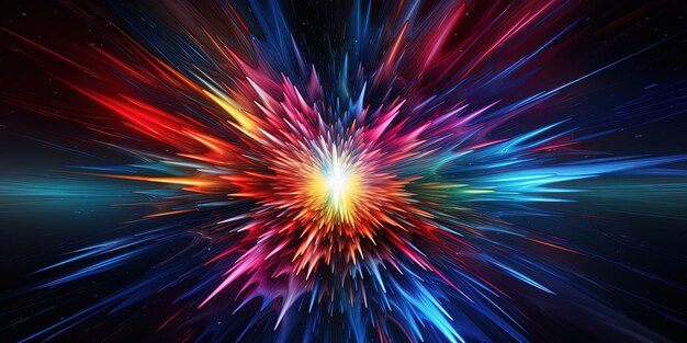 Ein faszinierendes digitales Bild, das einen abstrakten und farbenfrohen Energieausbruch in einer kosmischen Umgebung darstellt