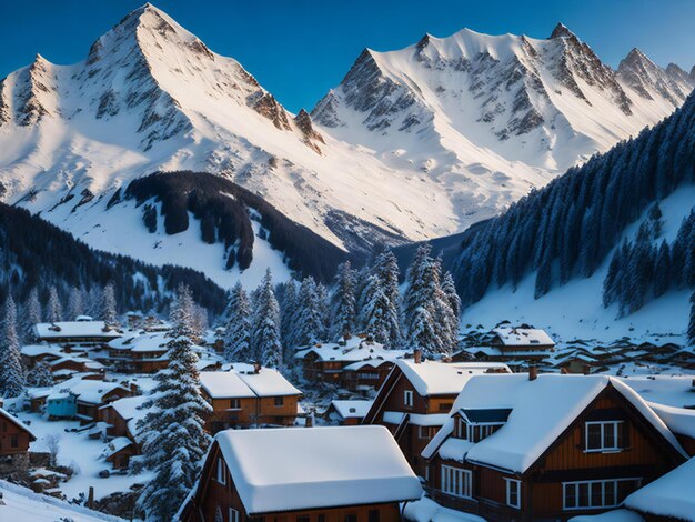 Ein faszinierendes Foto, das eine malerische, schneebedeckte Stadt mit charmanten kleinen Häusern zeigt