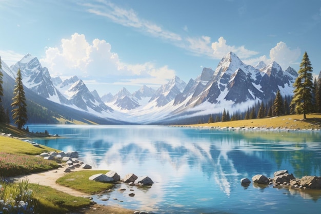 Ein faszinierendes Gemälde, das die Ruhe eines Bergsees veranschaulicht