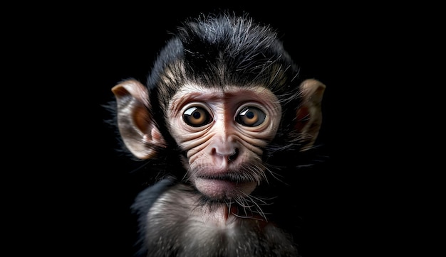 Ein faszinierendes Porträt eines jungen Affen vor dunklem Hintergrund, faszinierende Wildlife-Fotografie, ausdrucksstarkes Tiergesicht, Erkundung der natürlichen Welt, liebenswerte Primaten, Nahaufnahme, KI.