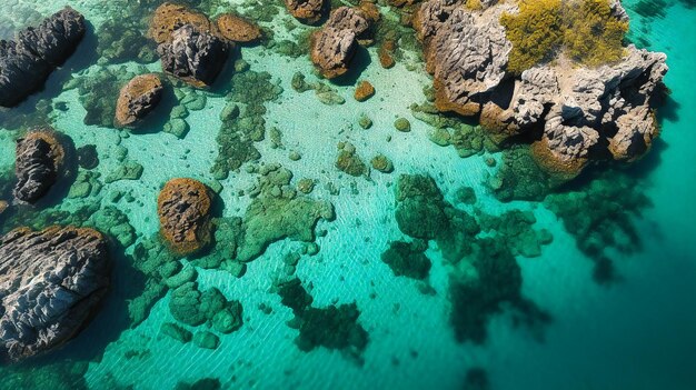 Ein faszinierendes Top-Down-Foto einer ruhigen Lagune, das die bezaubernden Farben und das friedliche Ambiente der Szene zeigt