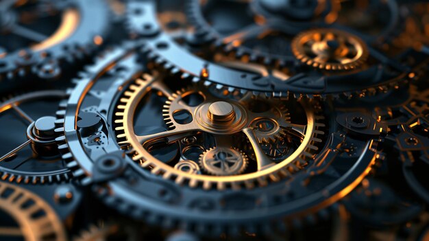 Ein faszinierendes und kompliziertes 3D-Rendering eines abstrakten Uhrwerks, das die perfekte Fusion von Kreativität und Technologie zeigt. Tauchen Sie in eine Welt der mechanischen Eleganz mit diesem visuellen Stu