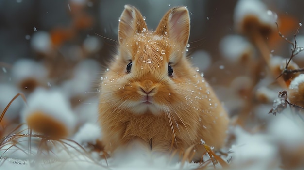Ein faunfarbenes Kaninchen mit Schnurrbart sitzt im Schnee und starrt auf die Kamera