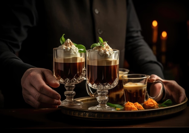 Ein feierlicher Toast mit Irish-Coffee-Cocktails in der Hand, der den Geist der Freude und Kameradschaft einfängt