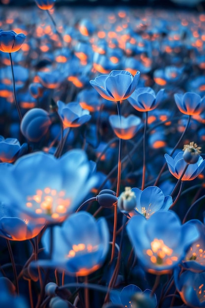Ein Feld aus blauen Blumen mit einem warmen Glanz