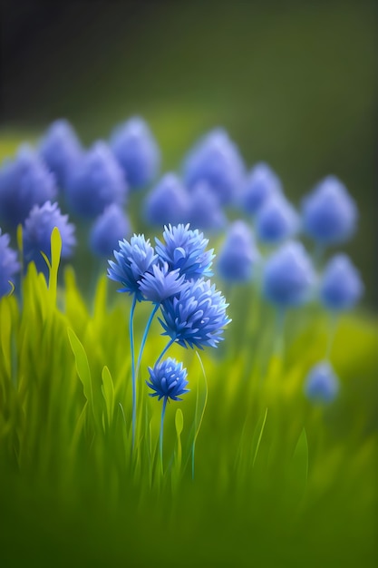 Ein Feld aus blauen Blumen mit grünem Hintergrund