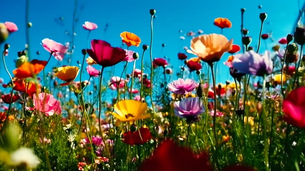 Foto ein feld aus bunten blumen mit einem blauen himmel dahinter