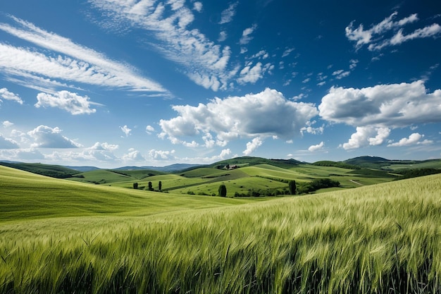 Ein Feld aus grünem Gras mit blauem Himmel und Bergen im Hintergrund