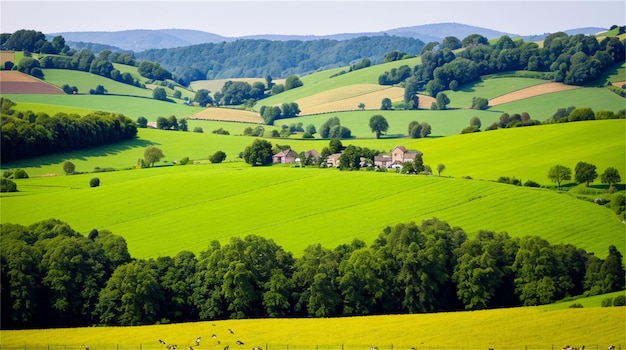 Ein Feld aus grünem und gelbem Gras mit einem Dorf in der Ferne.