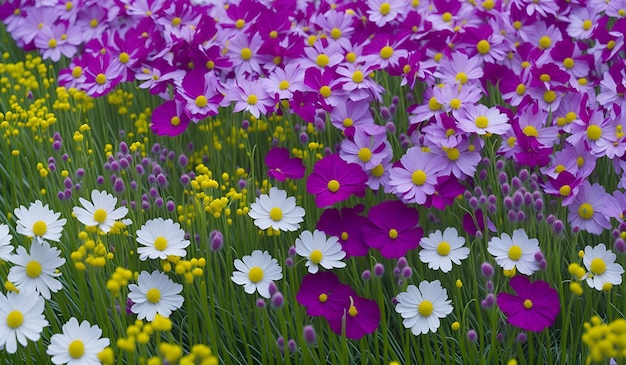 Ein Feld aus violetten und weißen Blumen mit gelben Blüten.