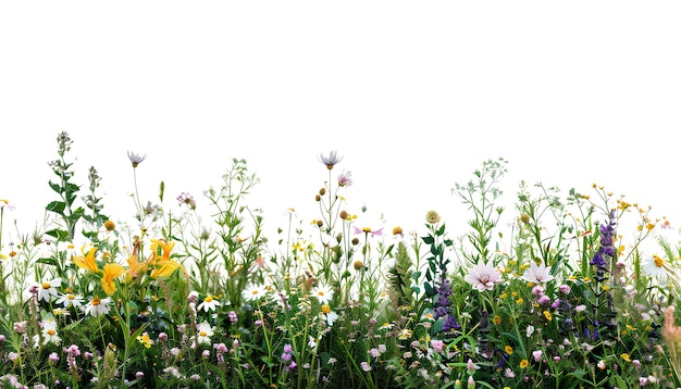 ein Feld aus wilden Blumen mit einem weißen Himmelshintergrund