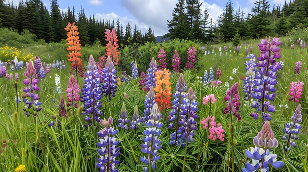 Ein Feld farbenfroher Lupinblumen in Blüte mit einem Wald grüner Bäume im Hintergrund