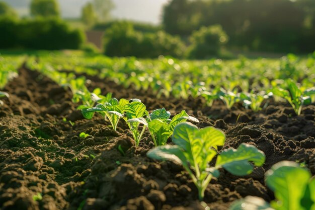 Ein Feld grüner Pflanzen mit Schmutz im Vordergrund