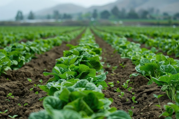 Ein Feld grüner Pflanzen mit Schmutz im Vordergrund