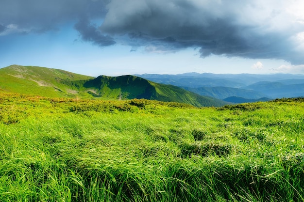 Ein Feld in einem Bergtal Gras an Berghängen Sommerlandschaft in den Bergen Eine dunkle Wolke vor einem Sturm