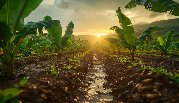 Ein Feld mit Bananenpflanzen, auf denen die Sonne scheint, die Sonne geht im Hintergrund unter