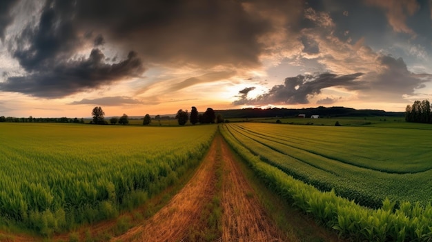 Ein Feld mit bewölktem Himmel bei Sonnenuntergang