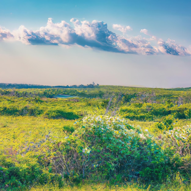 Ein Feld mit blauem Himmel und ein Feld mit Wolken und ein Feld mit einem Hügel im Hintergrund.