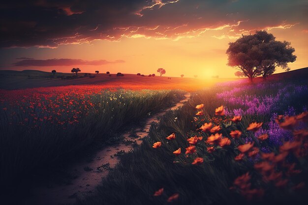 Ein Feld mit BlumenFantastische magische Illustration AI