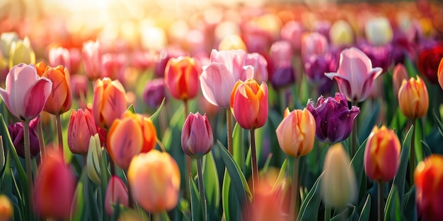 Ein Feld mit bunten Tulpen in voller Blüte