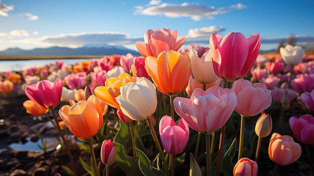 Ein Feld mit bunten Tulpen