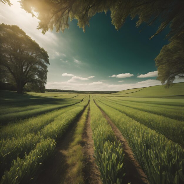 Ein Feld mit einem Baum im Hintergrund und einem Weg durch das Feld.