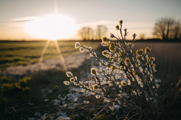 Ein Feld mit einem Feld und einer Blume im Vordergrund