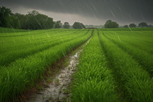 Ein Feld mit einem Regensturm im Hintergrund