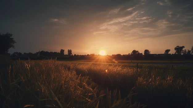 Ein Feld mit einem Sonnenuntergang im Hintergrund