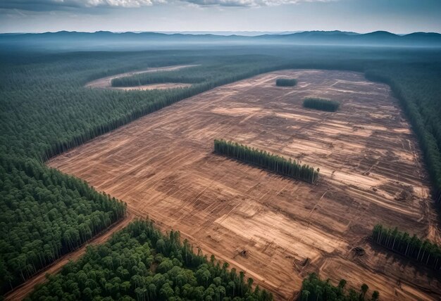 ein Feld mit einem Wald und Bergen im Hintergrund