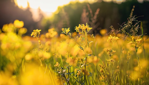 Ein Feld mit gelben Blumen, hinter dem die Sonne untergeht