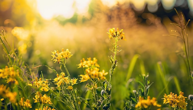 Ein Feld mit gelben Blumen, hinter dem die Sonne untergeht