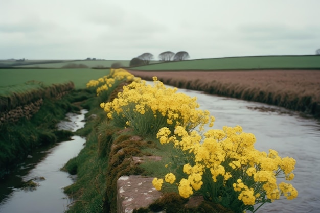 Ein Feld mit gelben Blumen neben einem Bach