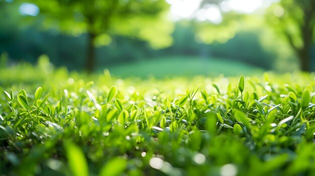 Ein Feld mit grünem Gras und Bäumen im Hintergrund Generative KI