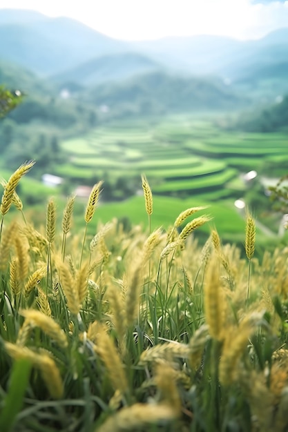 Ein Feld mit grünem Gras vor einem Berg