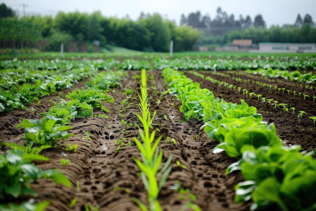 Ein Feld mit grünen Pflanzen mitten am Tag