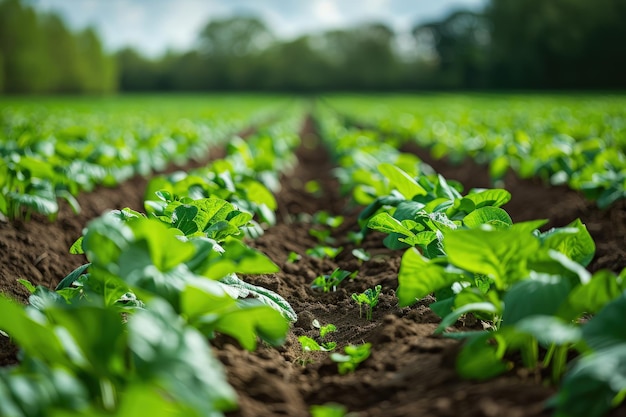 Ein Feld mit grünen Pflanzen mitten am Tag