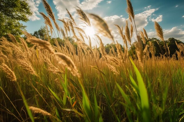 Ein Feld mit hohem Gras im Sonnenschein, KI-generativ