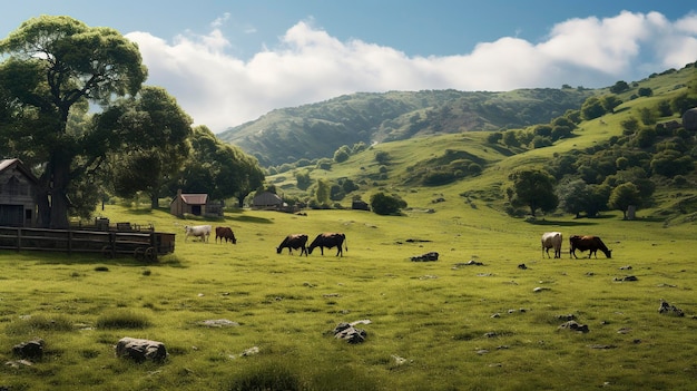 ein Feld mit Kuhweiden und einem Berg im Hintergrund