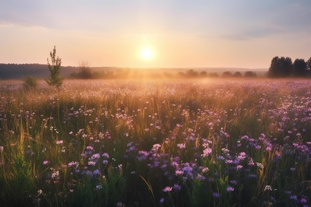 Ein Feld mit lila Blumen im Sonnenuntergang